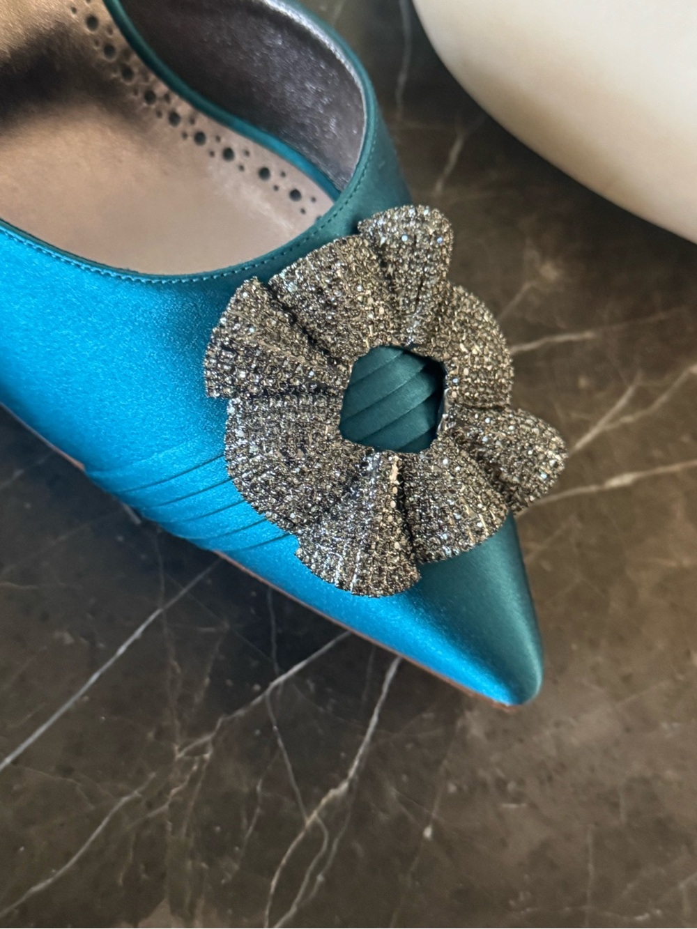 Manolo Blahnik Teal Satin Pointed Slip-On Mules with Crystal Flower - Picture 3 of 3